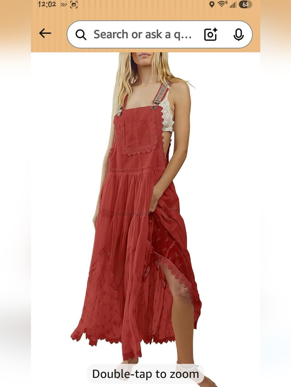 Red Boho Lace-Trim Maxi Pinafore Dress